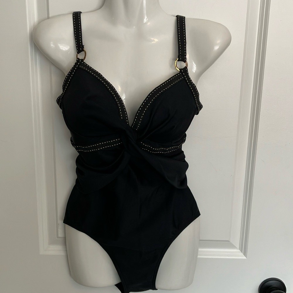 Gorgeous black 1  piece swimsuit w/ built in bra crossed front & white stitching